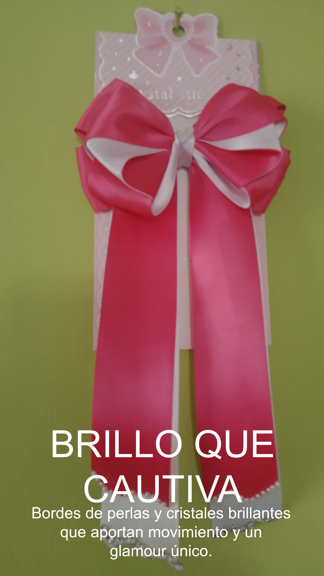 Elegante Lazo de Satén Bicolor (Rosa y Blanco) con Detalles de Perlas y Cristales