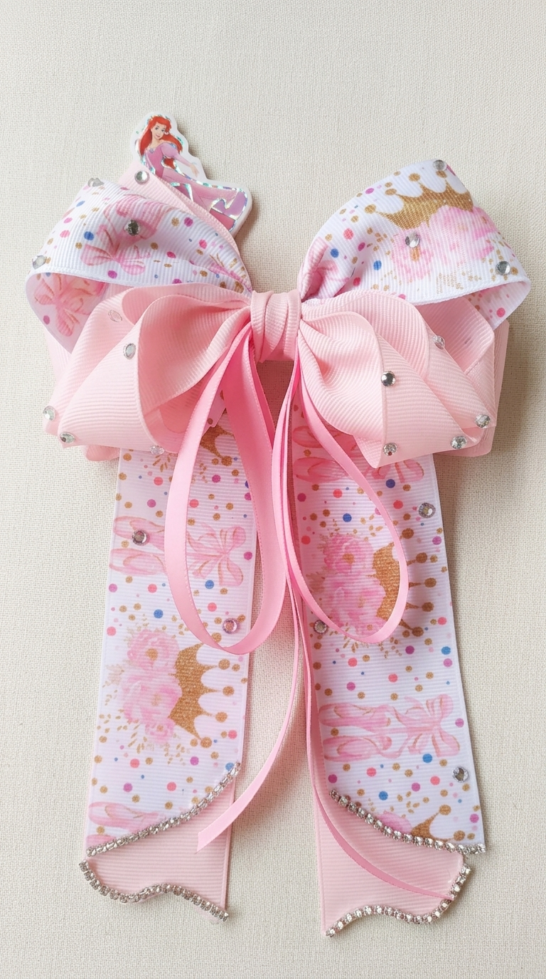Hermoso Lazo de Princesa para Niñas con Pedrería y Cintas Estampadas